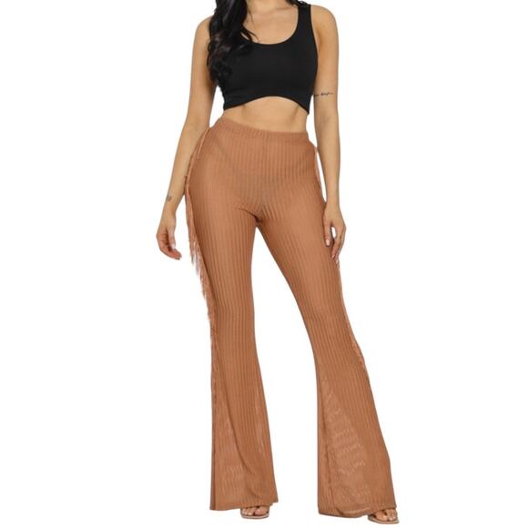Side Fringe Knit Flare Leg Pants Size M Caramel Brown Sheer Cowgirl Costume NWT - Picture 1 of 15